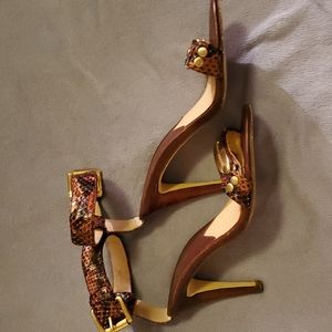 AUTHENTIC MK SNAKESKIN STRAP HEELS 7.5M 3.75" HEEL BROWN/TAN